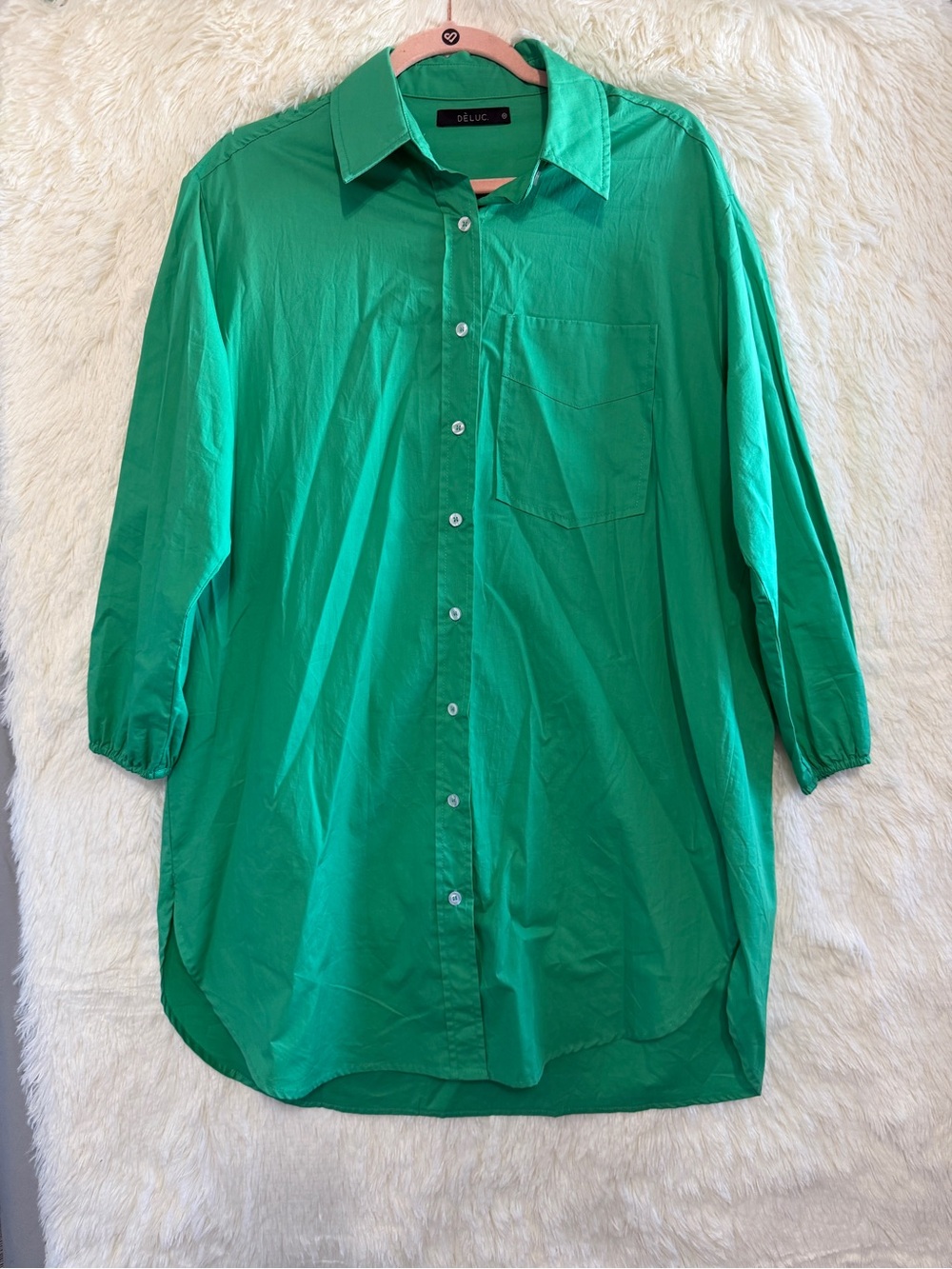 Dèluc Womens Oversized Button Up Collar Shirt Mini Dress Size XS Green Cotton
